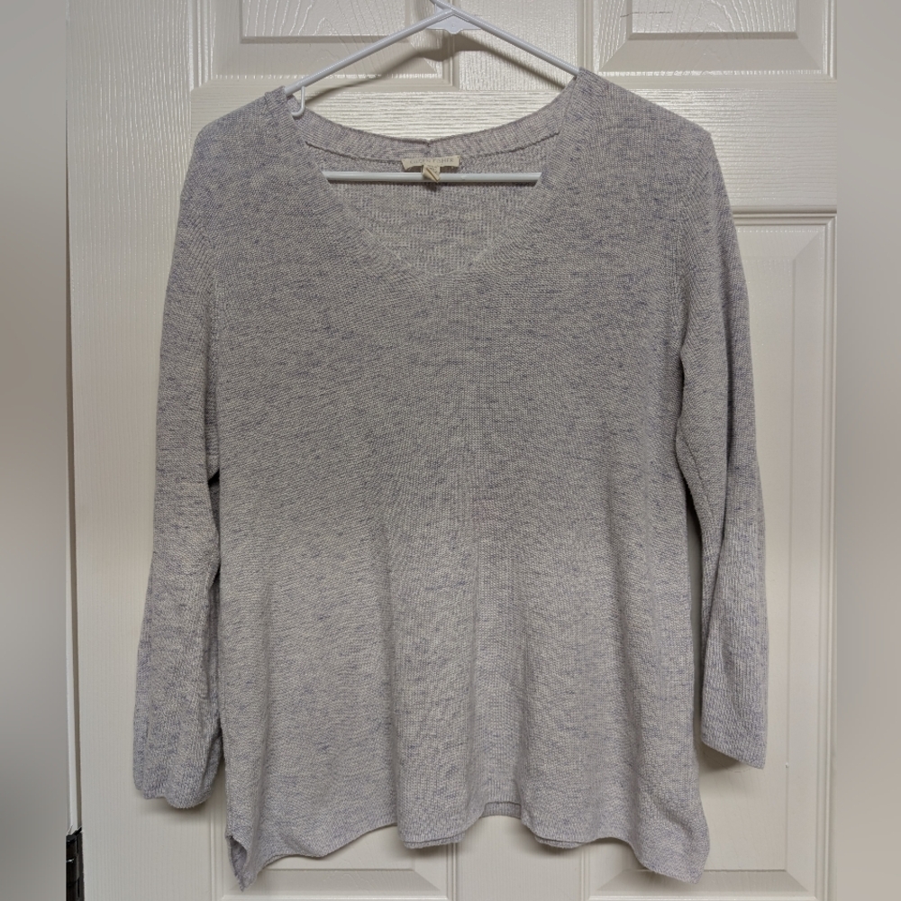 Eileen Fisher Womens Light Gray Knit V Neck Sweater Organic Cotton 3/4 Sleeve XS